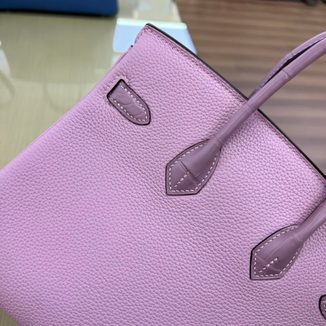 Elegant Lilac Two-Tone Leather Handbag with Gold Hardware - Classic Top Handle Tote