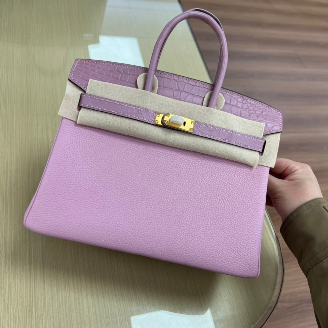 Elegant Lilac Two-Tone Leather Handbag with Gold Hardware - Classic Top Handle Tote
