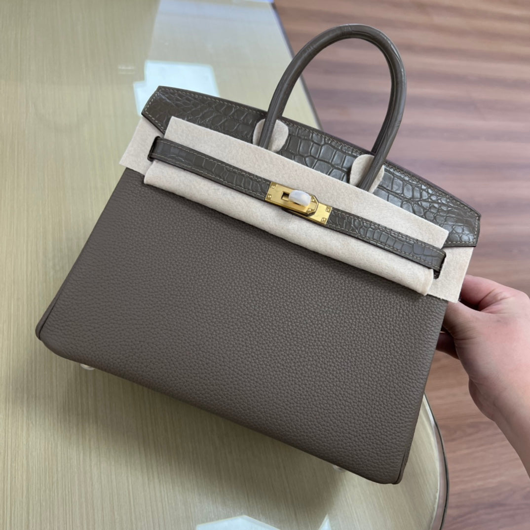Luxury Two-Tone Crocodile Texture Leather Handbag - Brown &amp; Beige Top Handle Bag