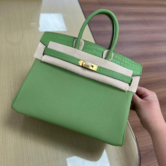 Luxury Green Textured Leather Top Handle Handbag with Gold Hardware