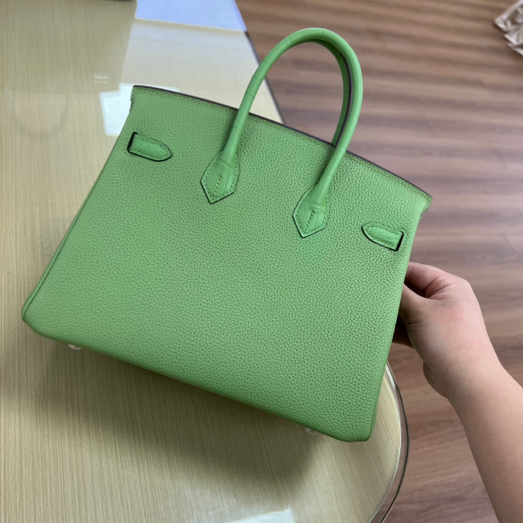 Luxury Green Textured Leather Top Handle Handbag with Gold Hardware
