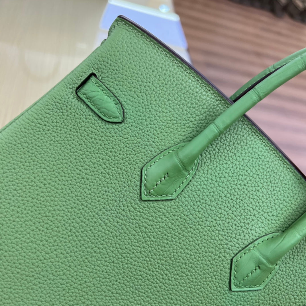 Luxury Green Textured Leather Top Handle Handbag with Gold Hardware