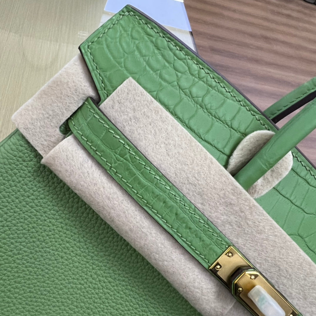 Luxury Green Textured Leather Top Handle Handbag with Gold Hardware