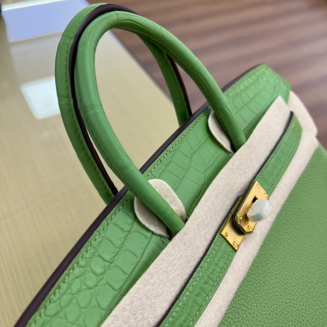 Luxury Green Textured Leather Top Handle Handbag with Gold Hardware