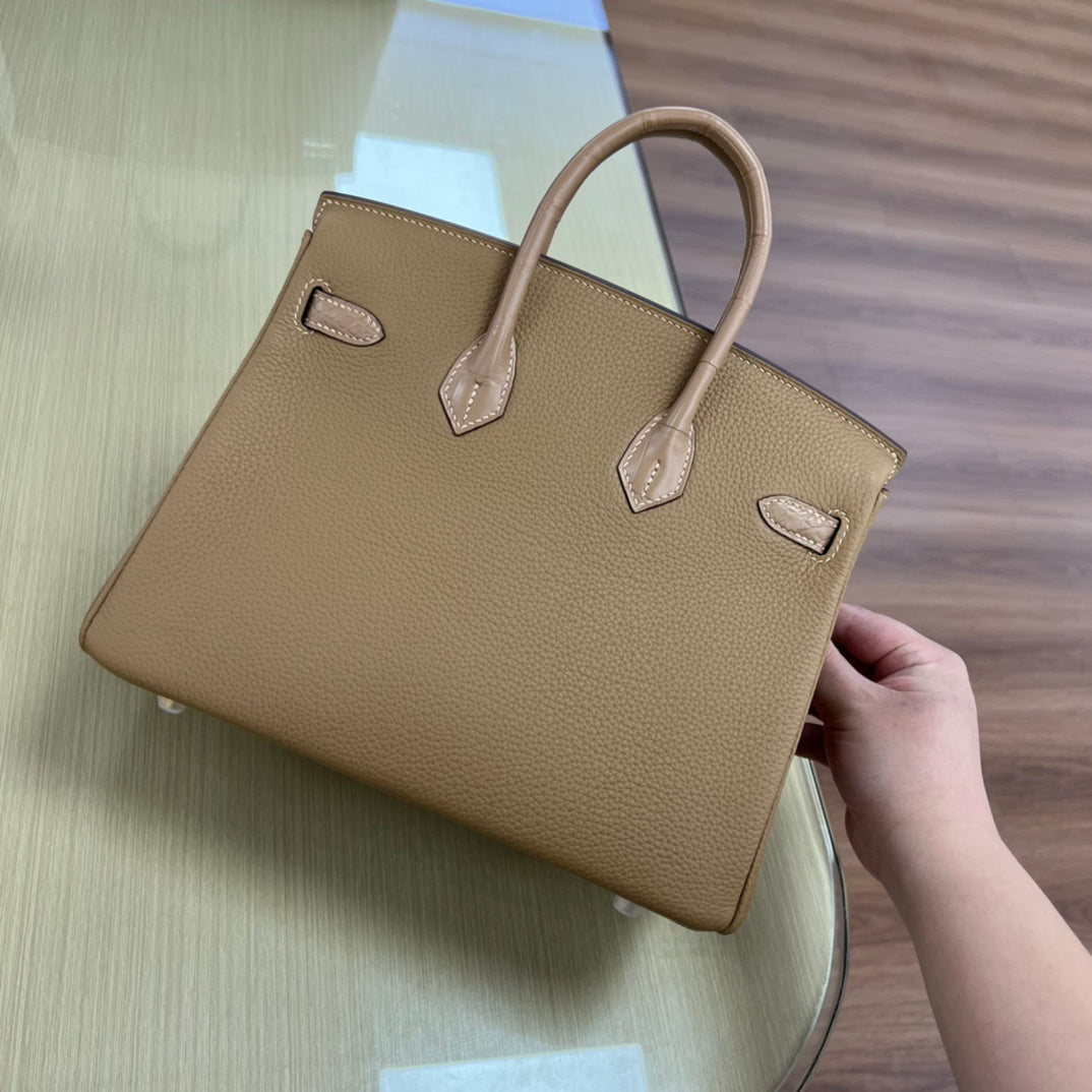 Elegant Tan Leather Handbag with Crocodile Embossed Trim and Gold Hardware