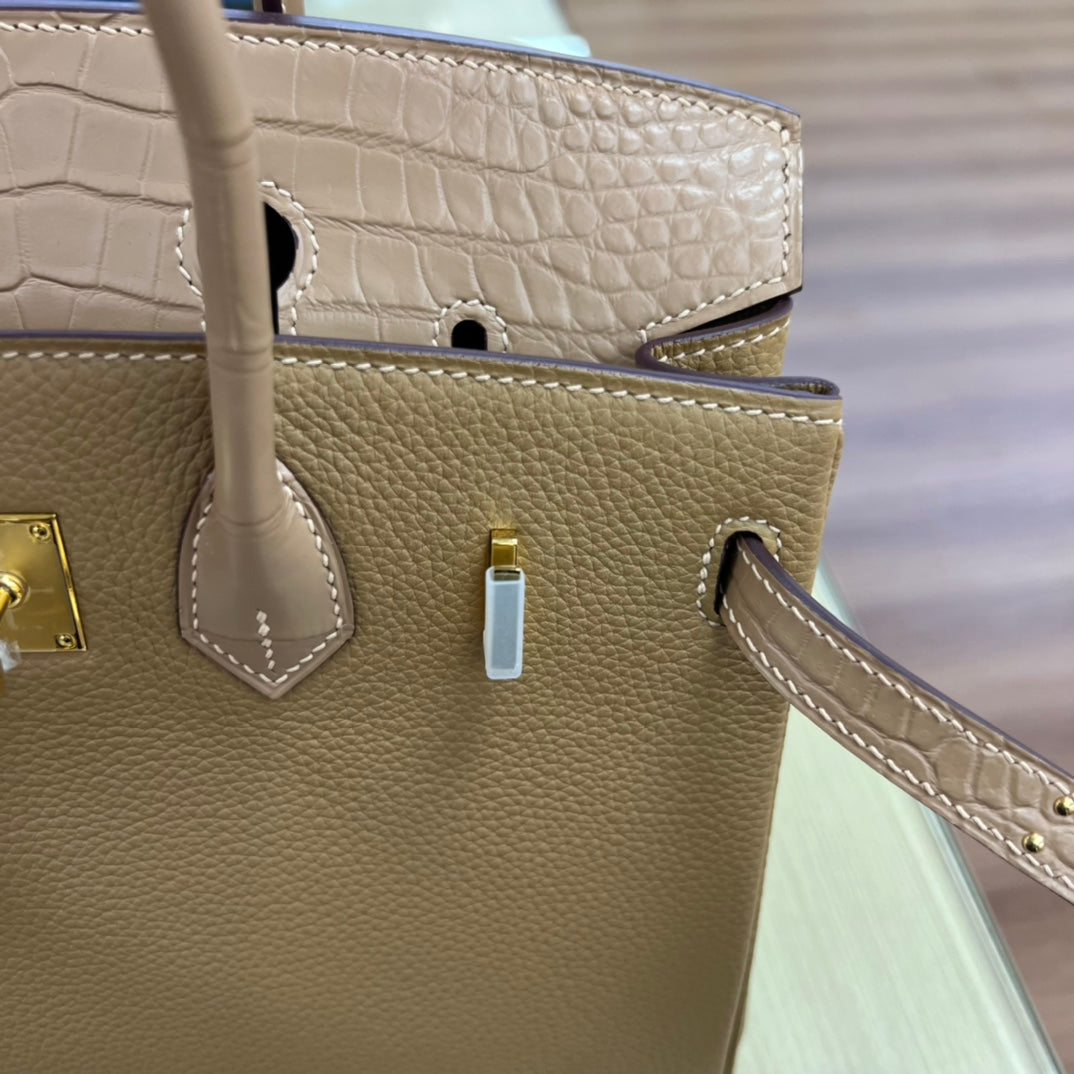 Elegant Tan Leather Handbag with Crocodile Embossed Trim and Gold Hardware