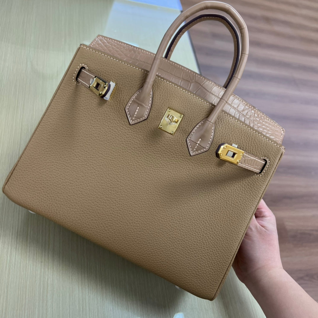 Elegant Tan Leather Handbag with Crocodile Embossed Trim and Gold Hardware