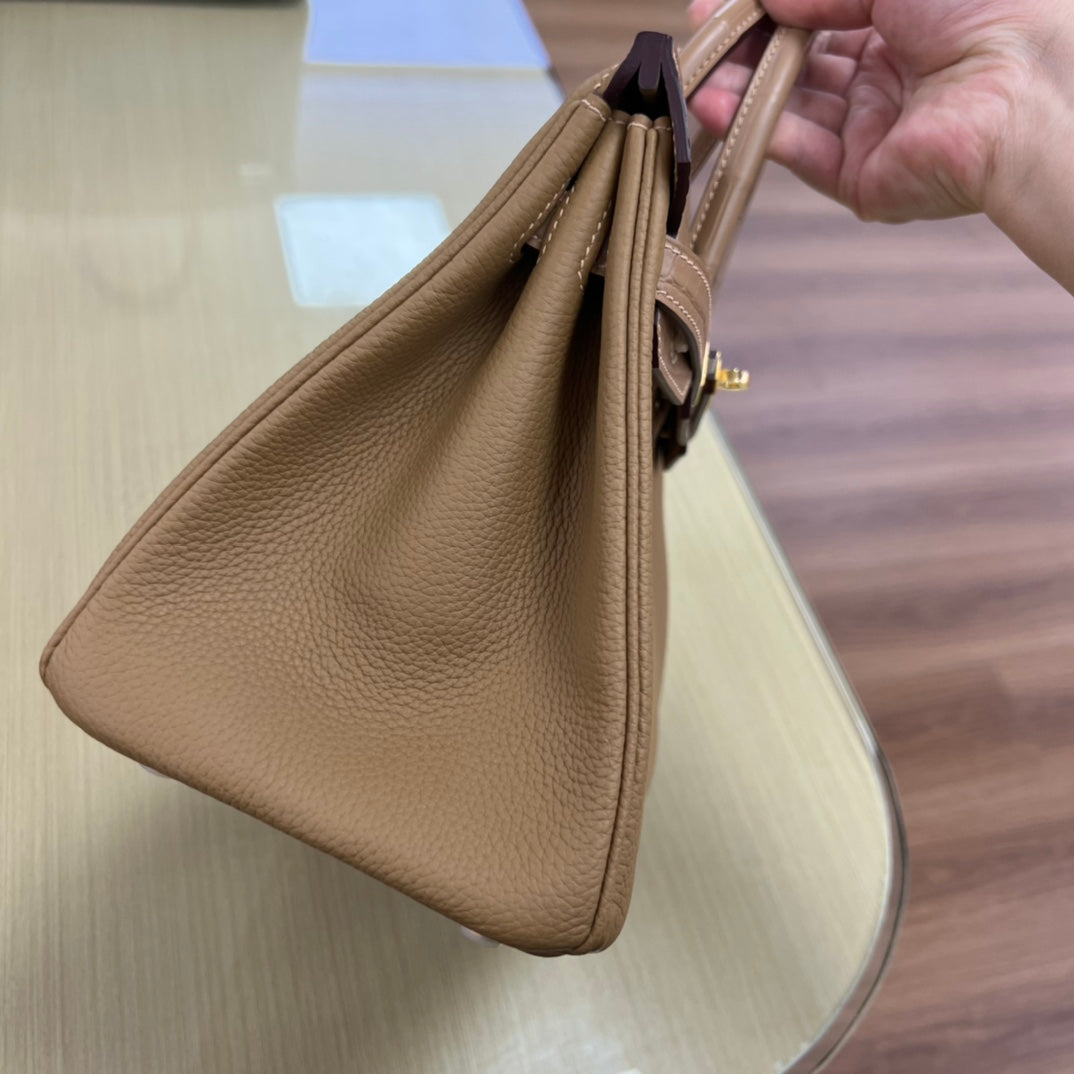 Elegant Tan Leather Handbag with Crocodile Embossed Trim and Gold Hardware