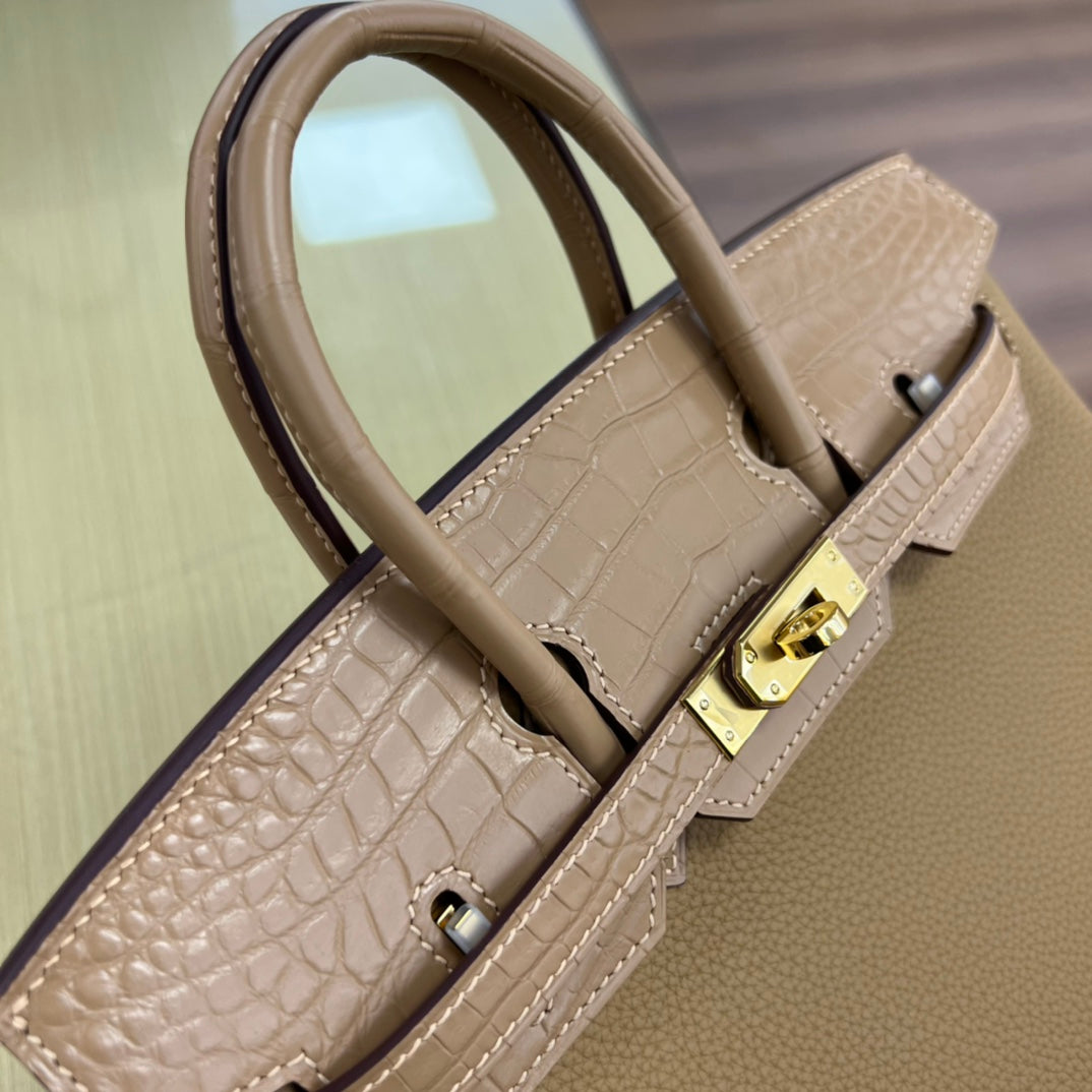 Elegant Tan Leather Handbag with Crocodile Embossed Trim and Gold Hardware