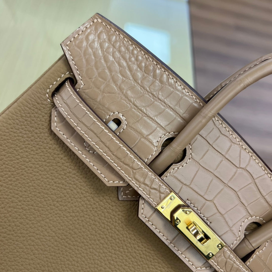 Elegant Tan Leather Handbag with Crocodile Embossed Trim and Gold Hardware