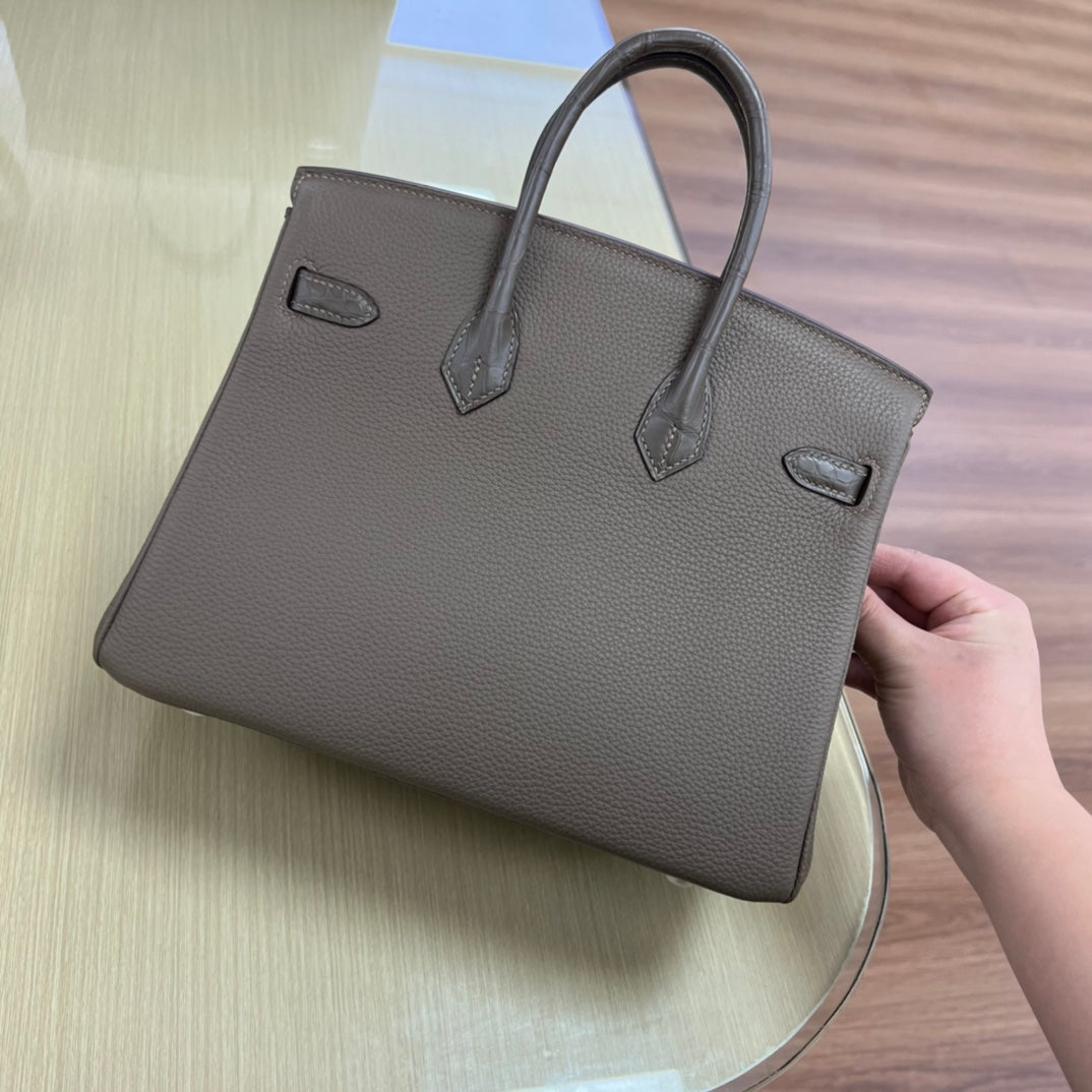 Luxury Two-Tone Grey Leather Handbag with Gold-Tone Hardware - Classic Tote