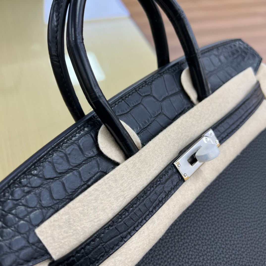 Luxury Black Crocodile-Embossed Leather Top Handle Bag with Silver Hardware