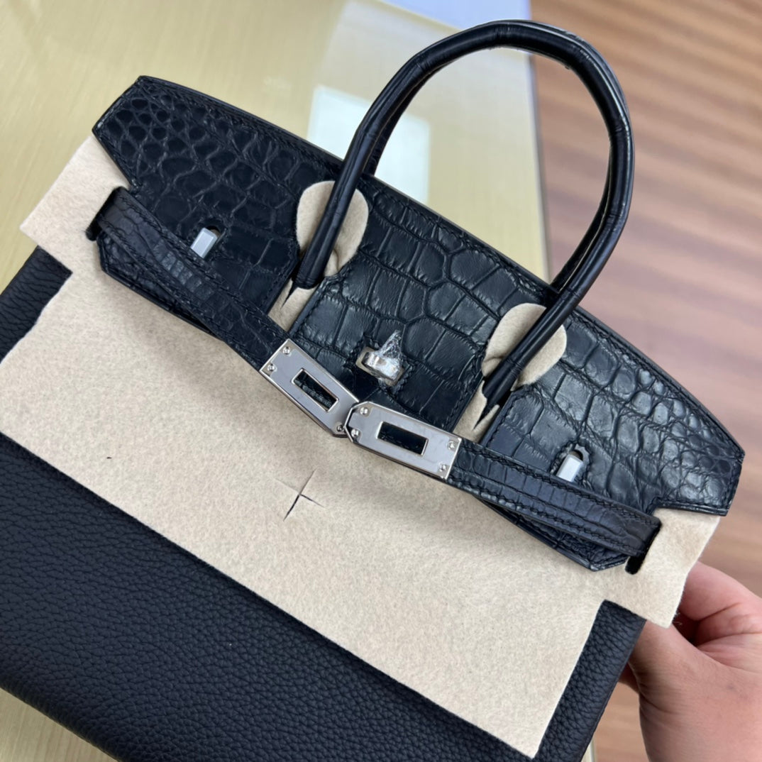 Luxury Black Crocodile-Embossed Leather Top Handle Bag with Silver Hardware