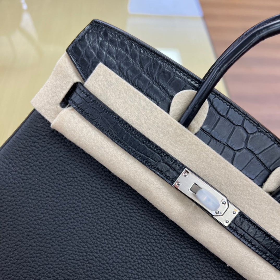 Luxury Black Crocodile-Embossed Leather Top Handle Bag with Silver Hardware