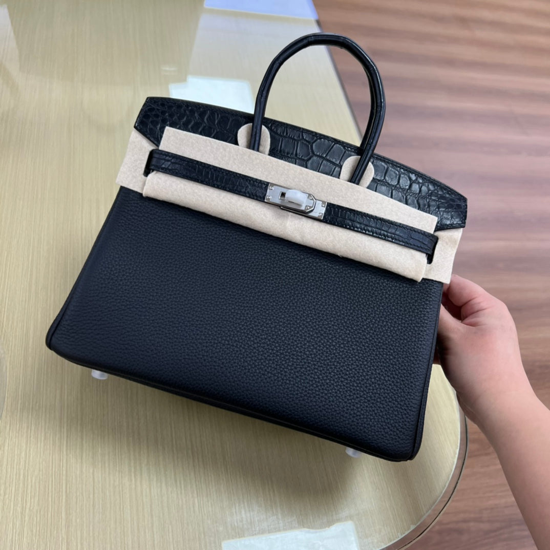 Luxury Black Crocodile-Embossed Leather Top Handle Bag with Silver Hardware