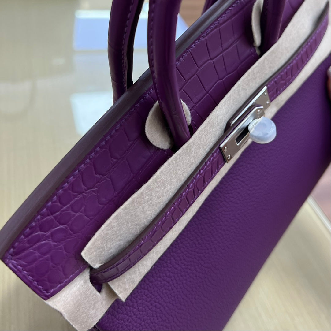 Elegant Purple Leather Top Handle Handbag with Silver Hardware
