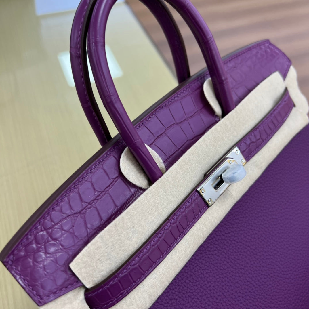 Elegant Purple Leather Top Handle Handbag with Silver Hardware