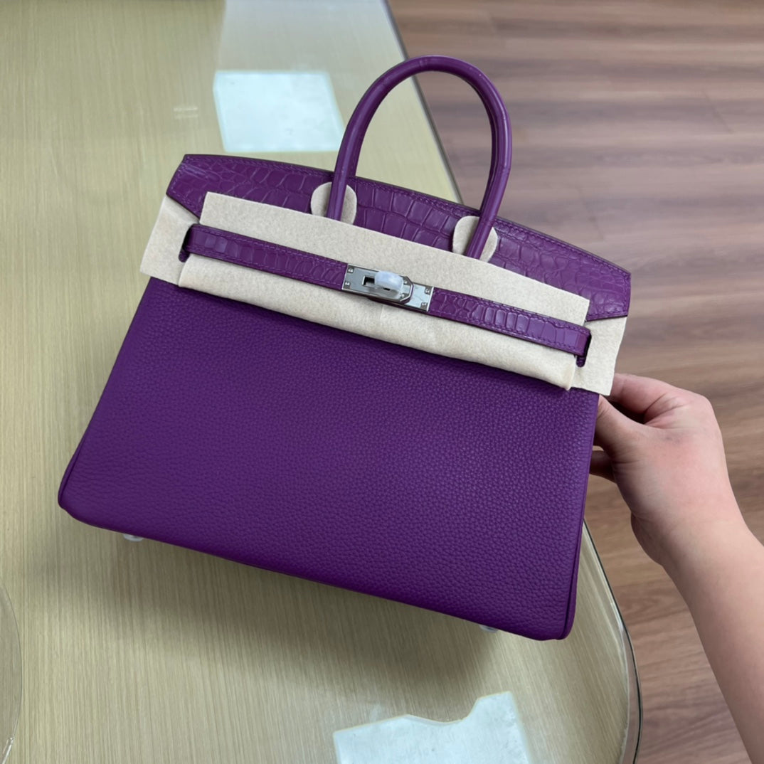 Elegant Purple Leather Top Handle Handbag with Silver Hardware