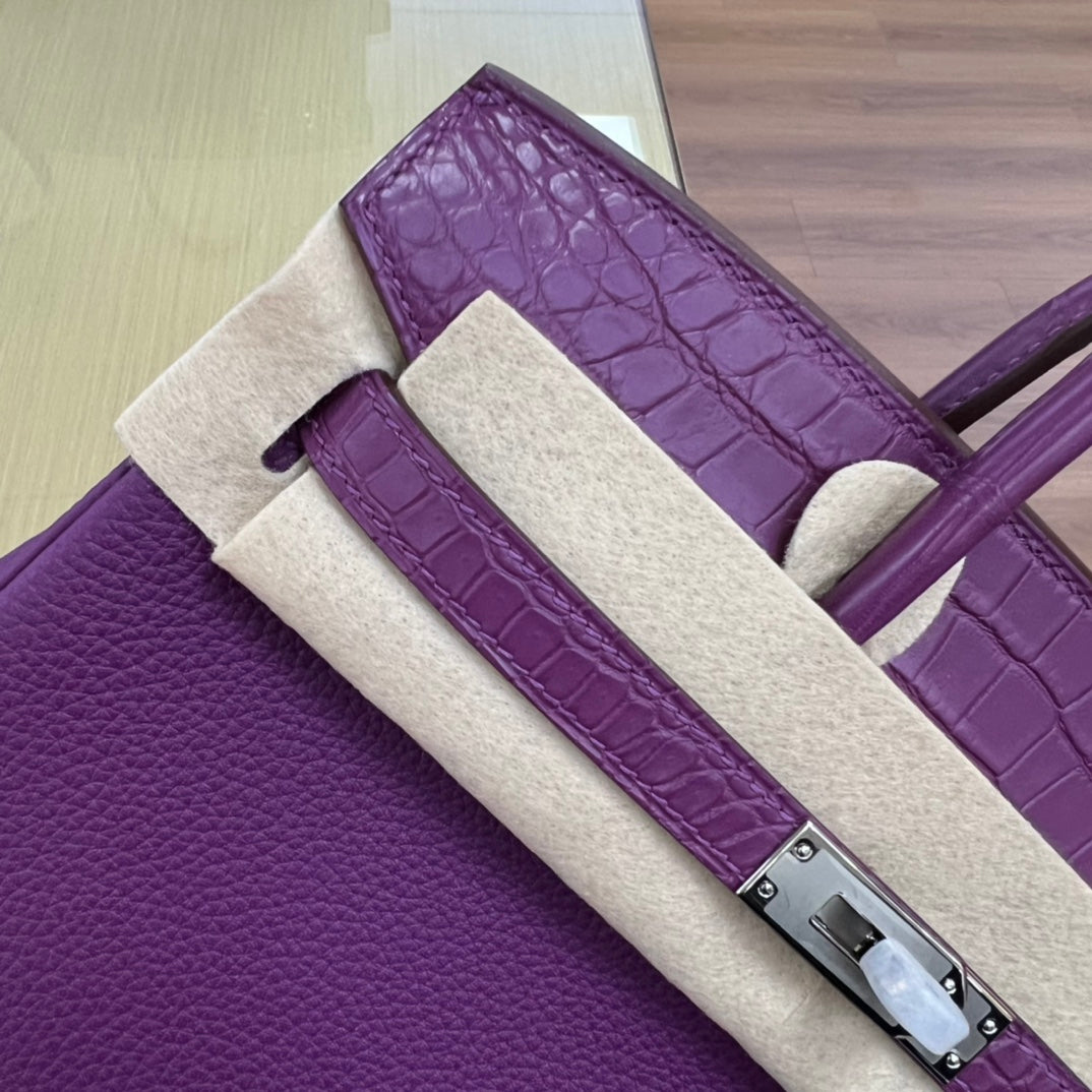 Elegant Purple Leather Top Handle Handbag with Silver Hardware