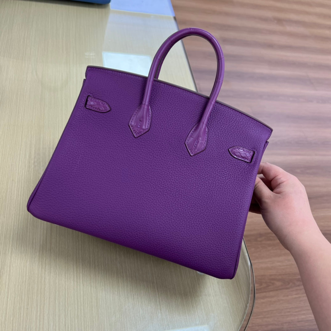 Elegant Purple Leather Top Handle Handbag with Silver Hardware