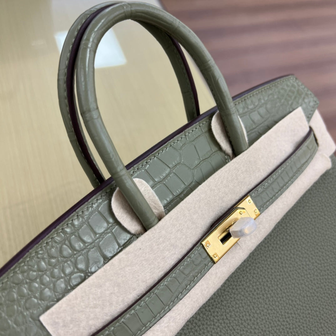 Elegant Sage Green Leather Top Handle Tote Bag with Gold Hardware