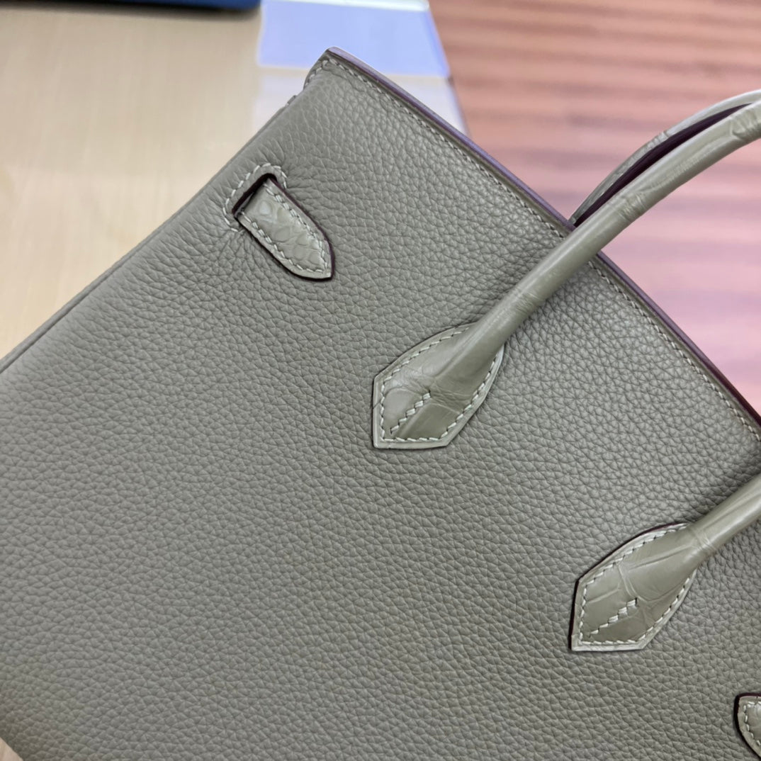 Elegant Sage Green Leather Top Handle Tote Bag with Gold Hardware