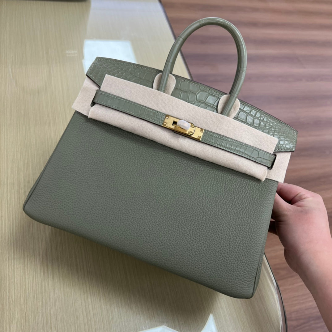 Elegant Sage Green Leather Top Handle Tote Bag with Gold Hardware