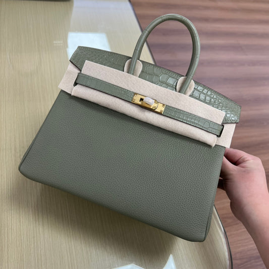 Elegant Sage Green Leather Top Handle Tote Bag with Gold Hardware