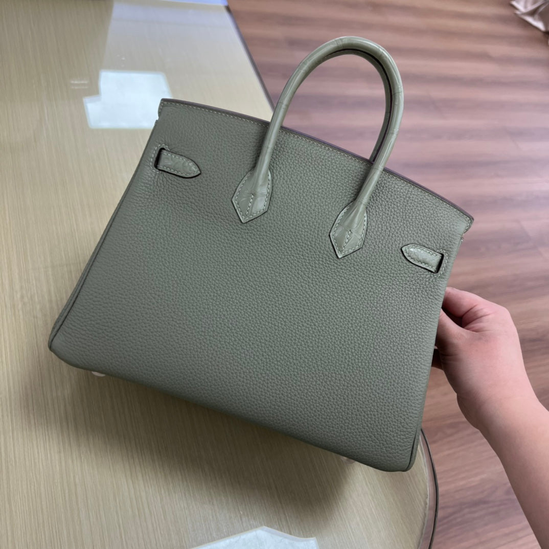 Elegant Sage Green Leather Top Handle Tote Bag with Gold Hardware
