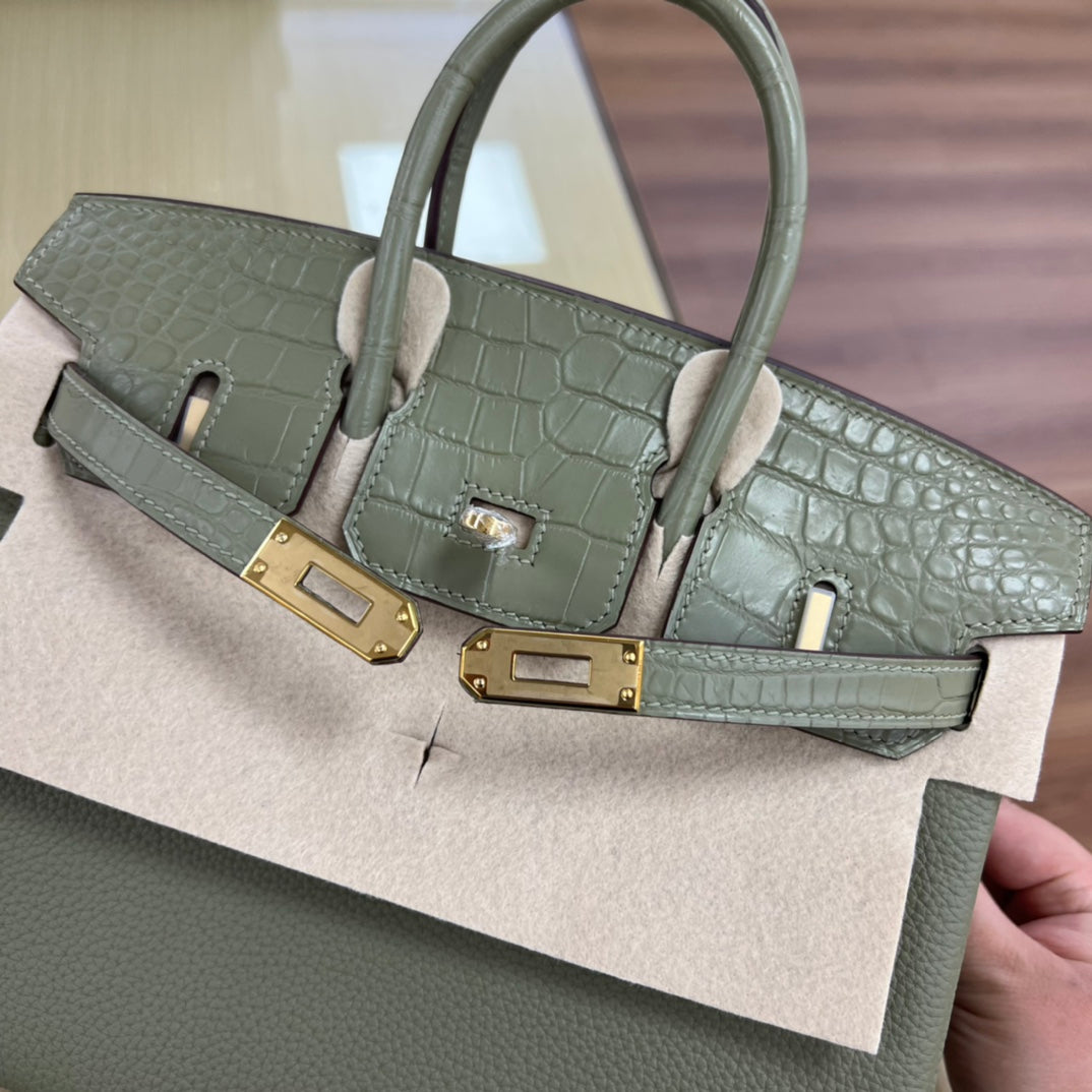 Elegant Sage Green Leather Top Handle Tote Bag with Gold Hardware