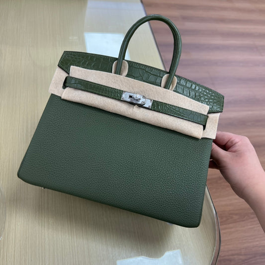 Elegant Two-Tone Green Crocodile Embossed Leather Handbag - Top Handle Satchel