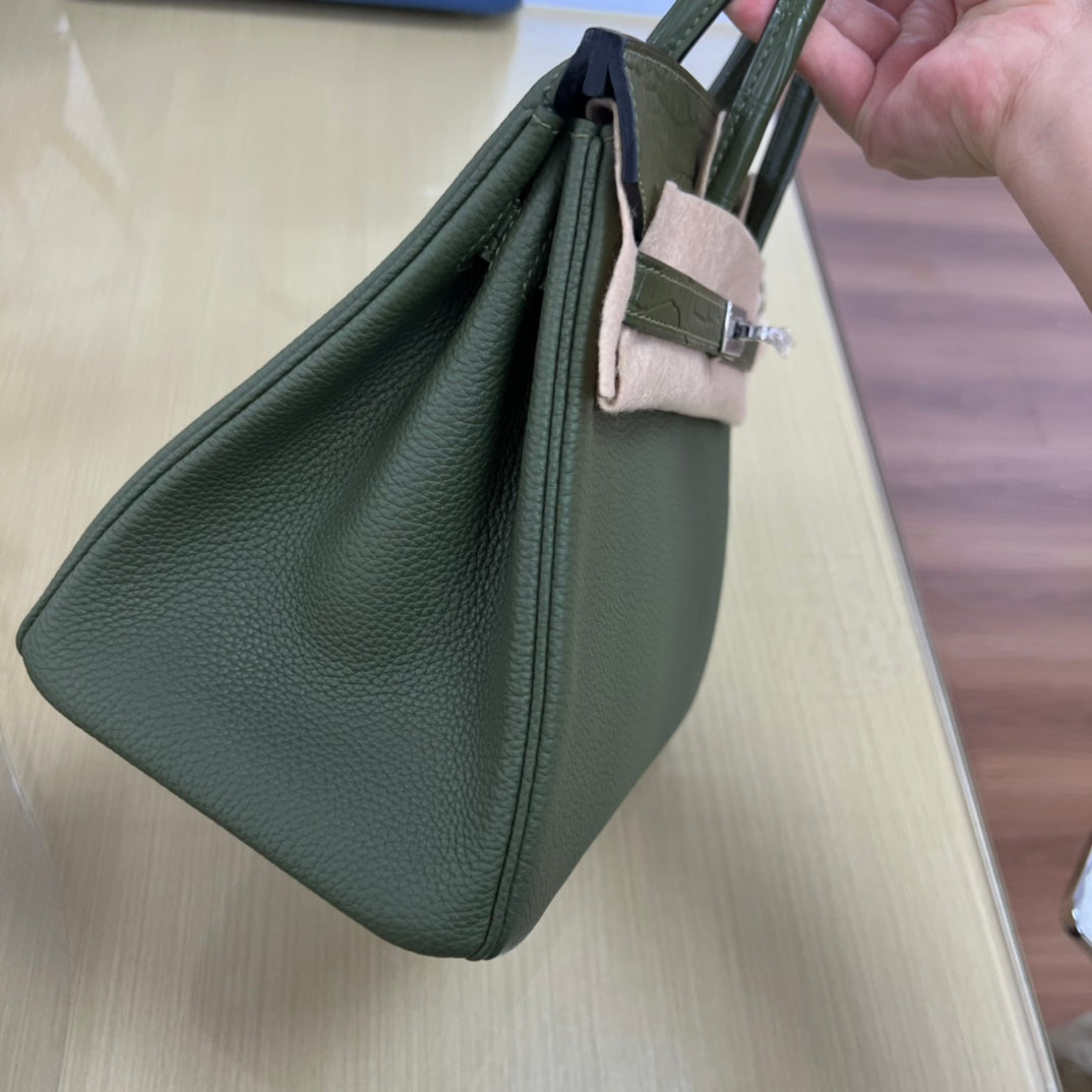 Elegant Two-Tone Green Crocodile Embossed Leather Handbag - Top Handle Satchel