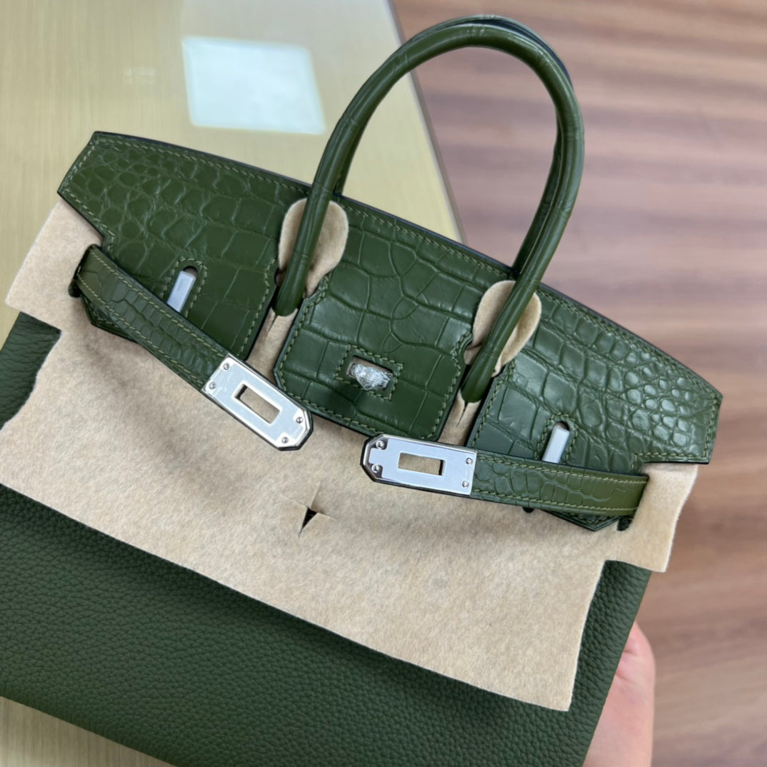 Elegant Two-Tone Green Crocodile Embossed Leather Handbag - Top Handle Satchel