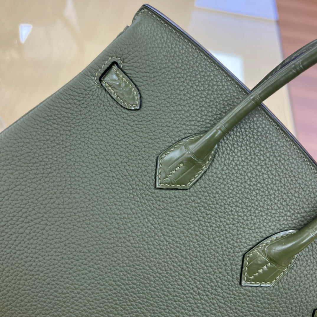 Elegant Two-Tone Green Crocodile Embossed Leather Handbag - Top Handle Satchel