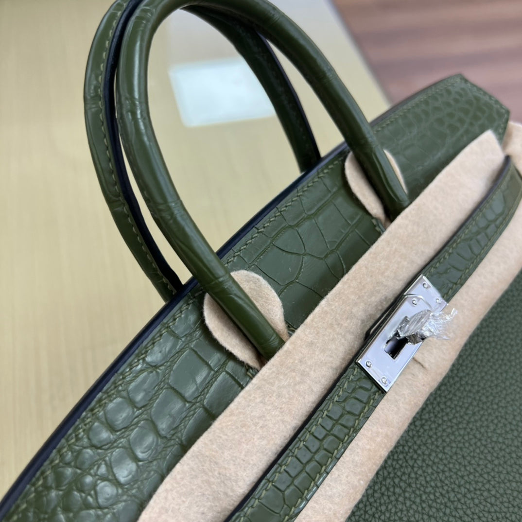 Elegant Two-Tone Green Crocodile Embossed Leather Handbag - Top Handle Satchel