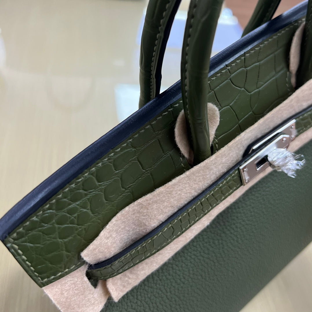 Elegant Two-Tone Green Crocodile Embossed Leather Handbag - Top Handle Satchel