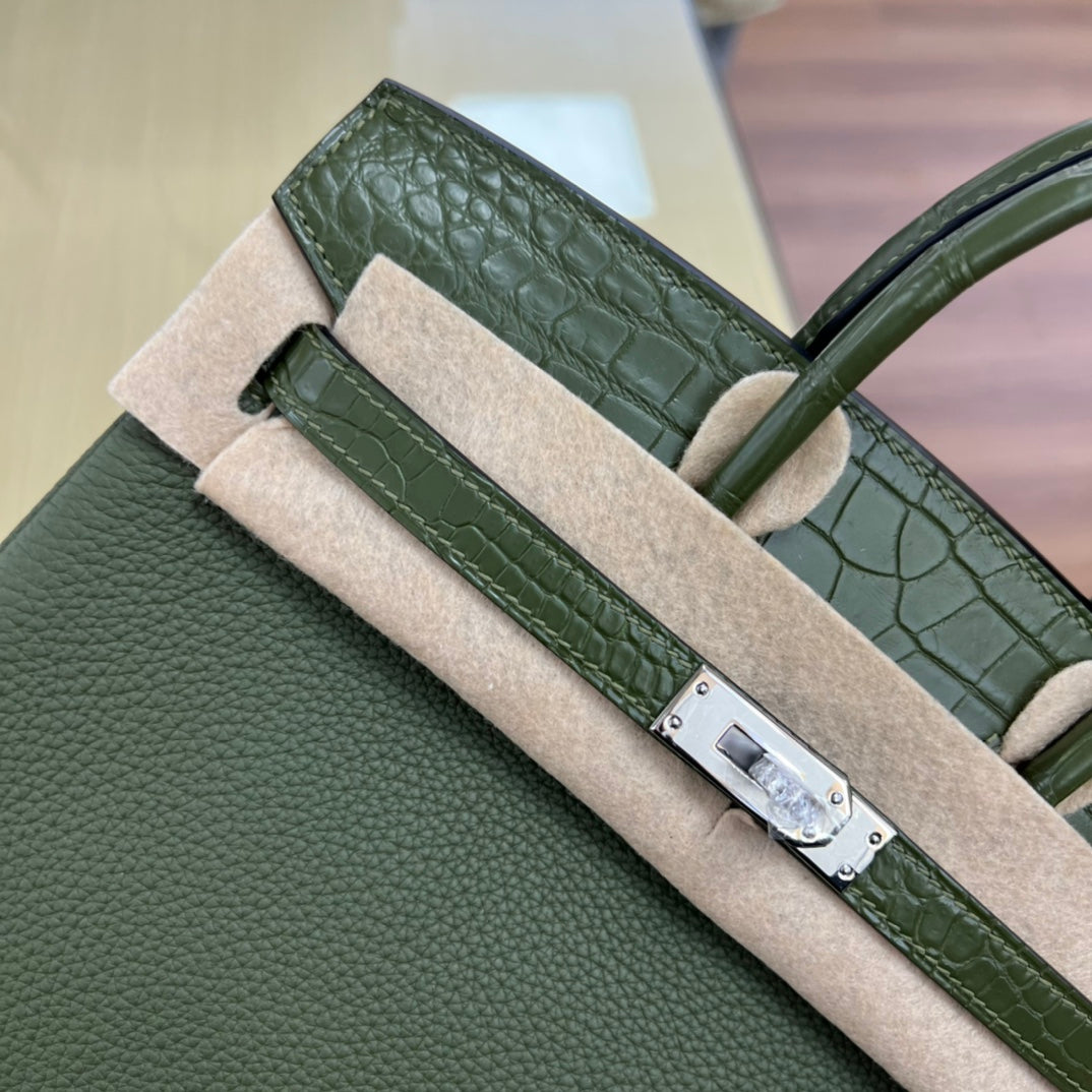 Elegant Two-Tone Green Crocodile Embossed Leather Handbag - Top Handle Satchel