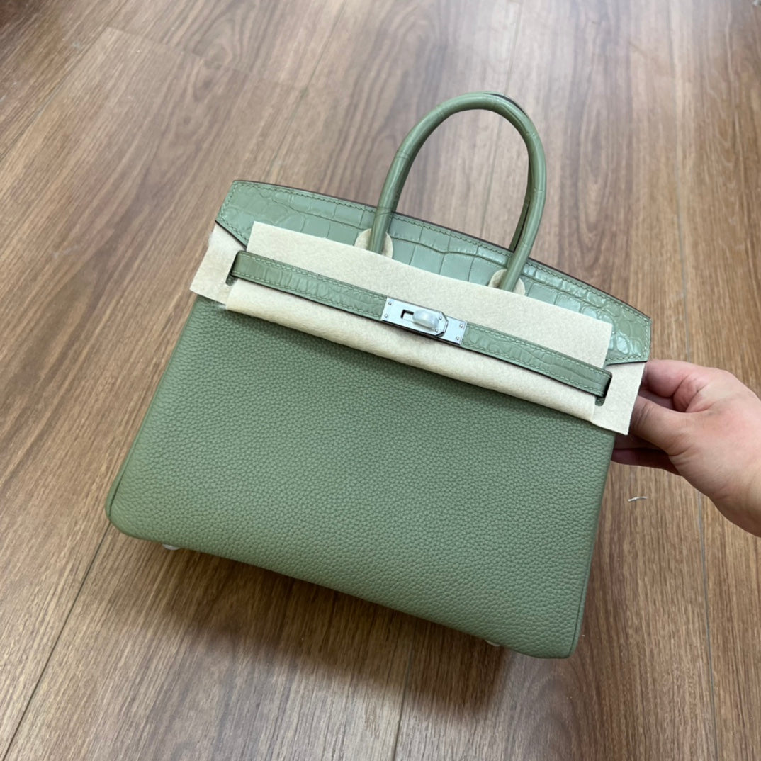 Sage Green Two-Tone Croc-Embossed Leather Birkin Style Top Handle Handbag