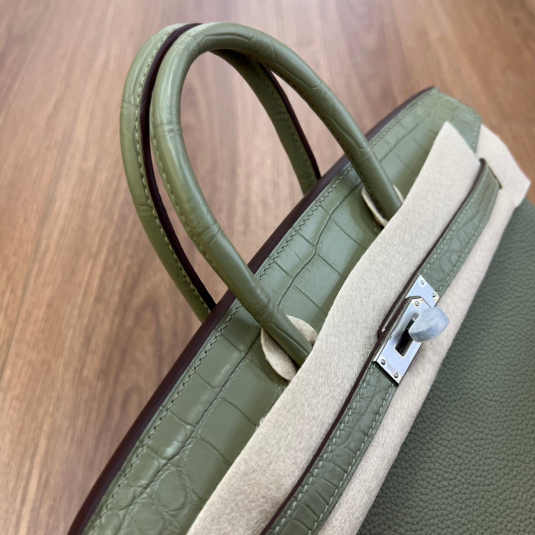 Sage Green Two-Tone Croc-Embossed Leather Birkin Style Top Handle Handbag