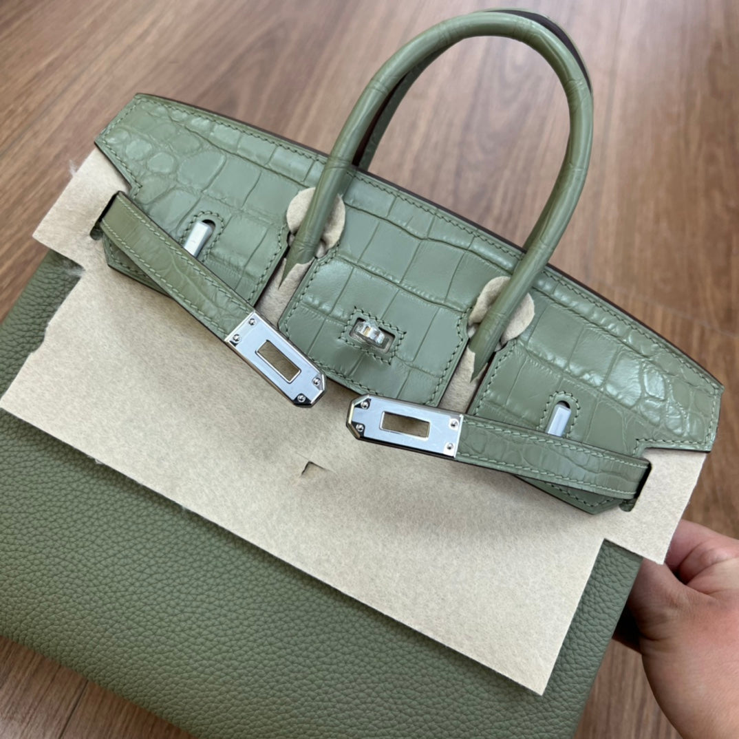 Sage Green Two-Tone Croc-Embossed Leather Birkin Style Top Handle Handbag