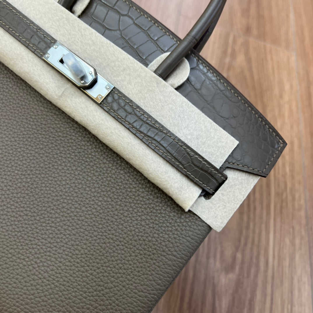 Luxury Two-Tone Leather Top Handle Handbag - Grey and Cream