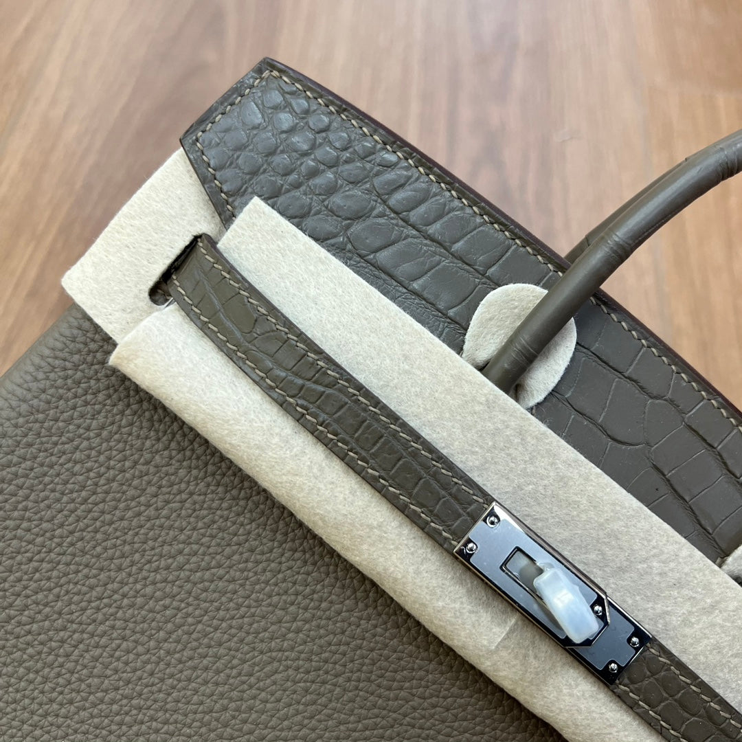 Luxury Two-Tone Leather Top Handle Handbag - Grey and Cream