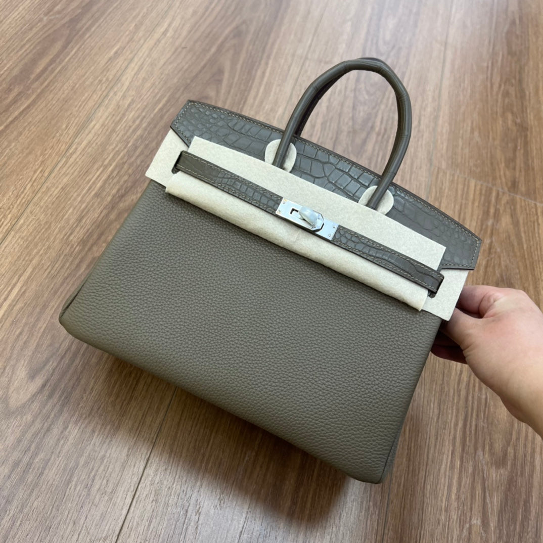 Luxury Two-Tone Leather Top Handle Handbag - Grey and Cream