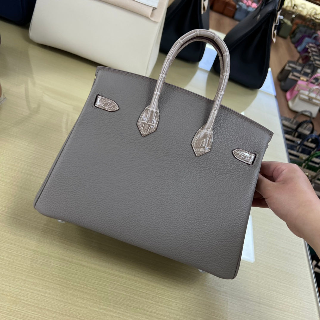 Grey Crocodile Texture Top Handle Leather Handbag with Silver Hardware
