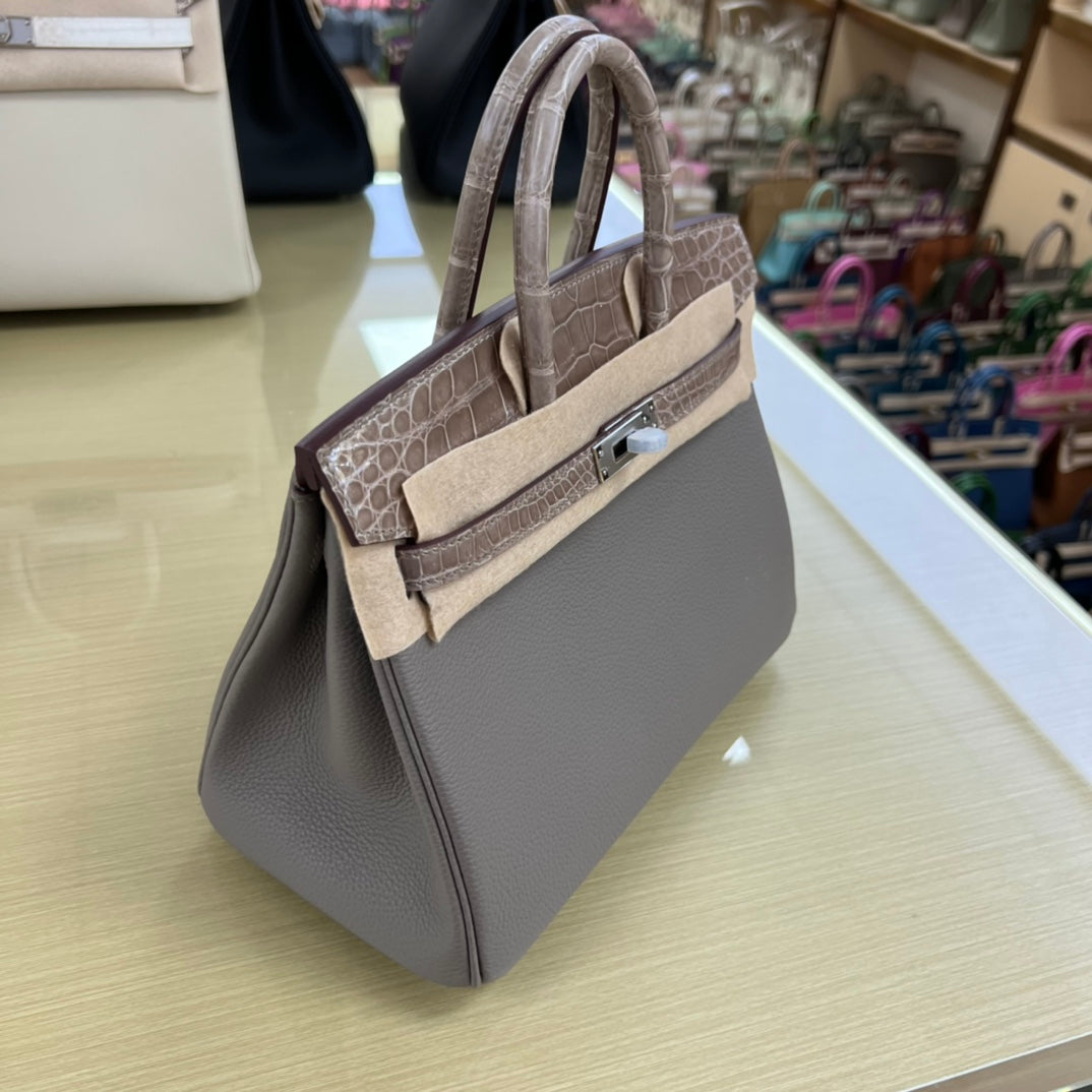 Grey Crocodile Texture Top Handle Leather Handbag with Silver Hardware