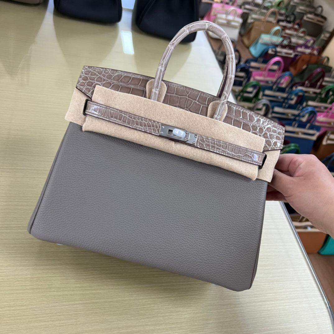 Grey Crocodile Texture Top Handle Leather Handbag with Silver Hardware