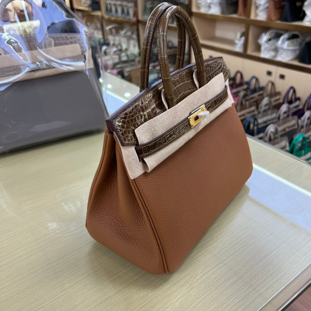 Luxury Two-Tone Brown Leather Handbag with Crocodile Texture Accents and Gold Hardware