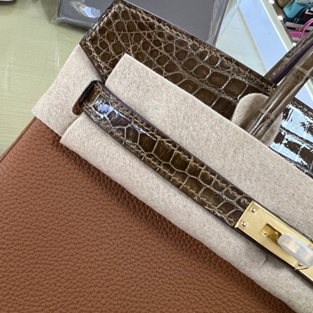 Luxury Two-Tone Brown Leather Handbag with Crocodile Texture Accents and Gold Hardware