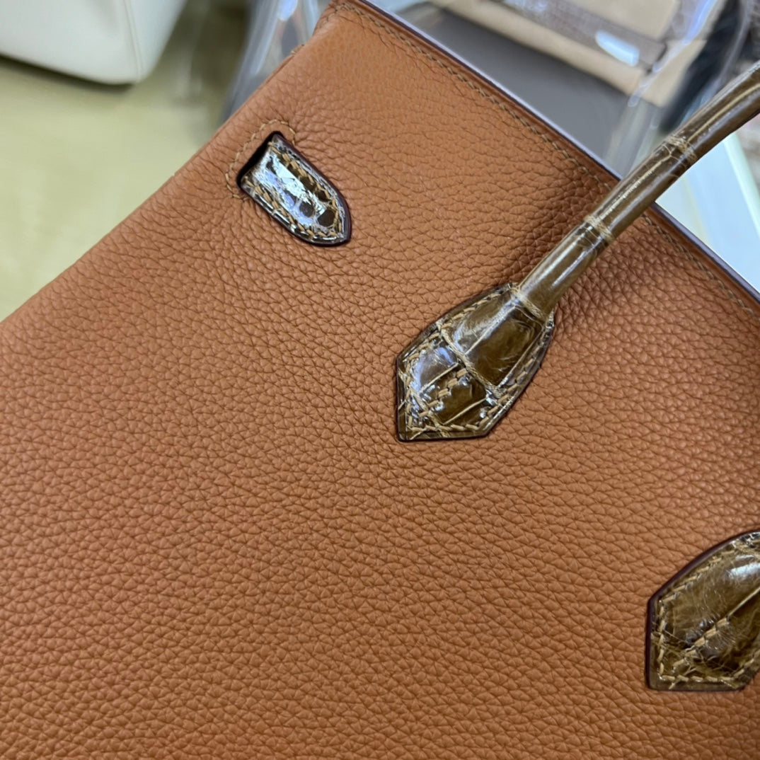 Luxury Two-Tone Brown Leather Handbag with Crocodile Texture Accents and Gold Hardware