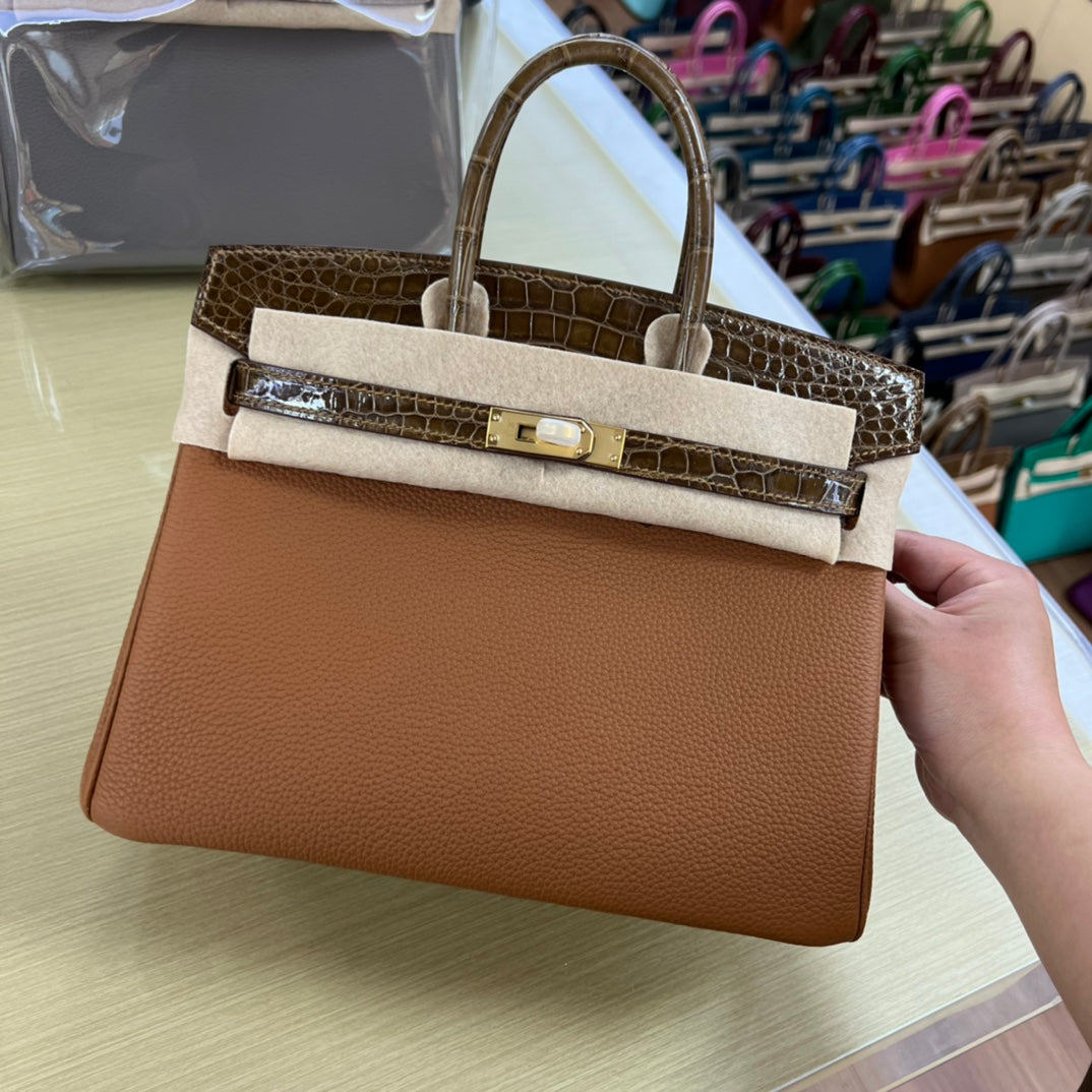 Luxury Two-Tone Brown Leather Handbag with Crocodile Texture Accents and Gold Hardware
